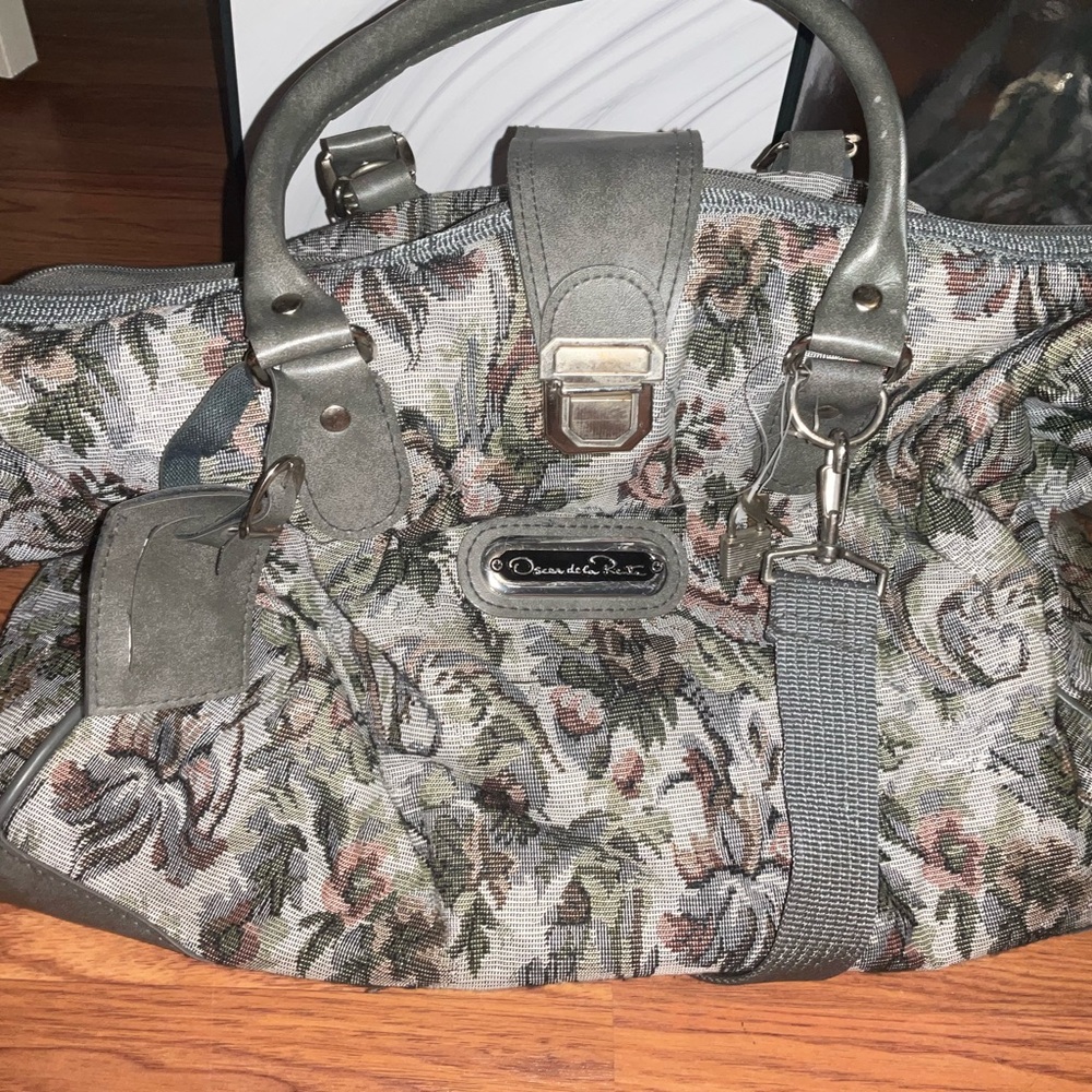 Vintage Oscar de la Renta Floral Patterned Gray Shoulder Bag/ Travel Bag